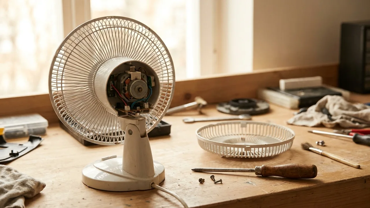 AI-generated illustration of an unbranded tabletop fan and screwdriver on a repair workbench.