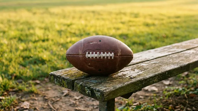 AI-generated illustration of an unbranded American football resting on a wooden bench.