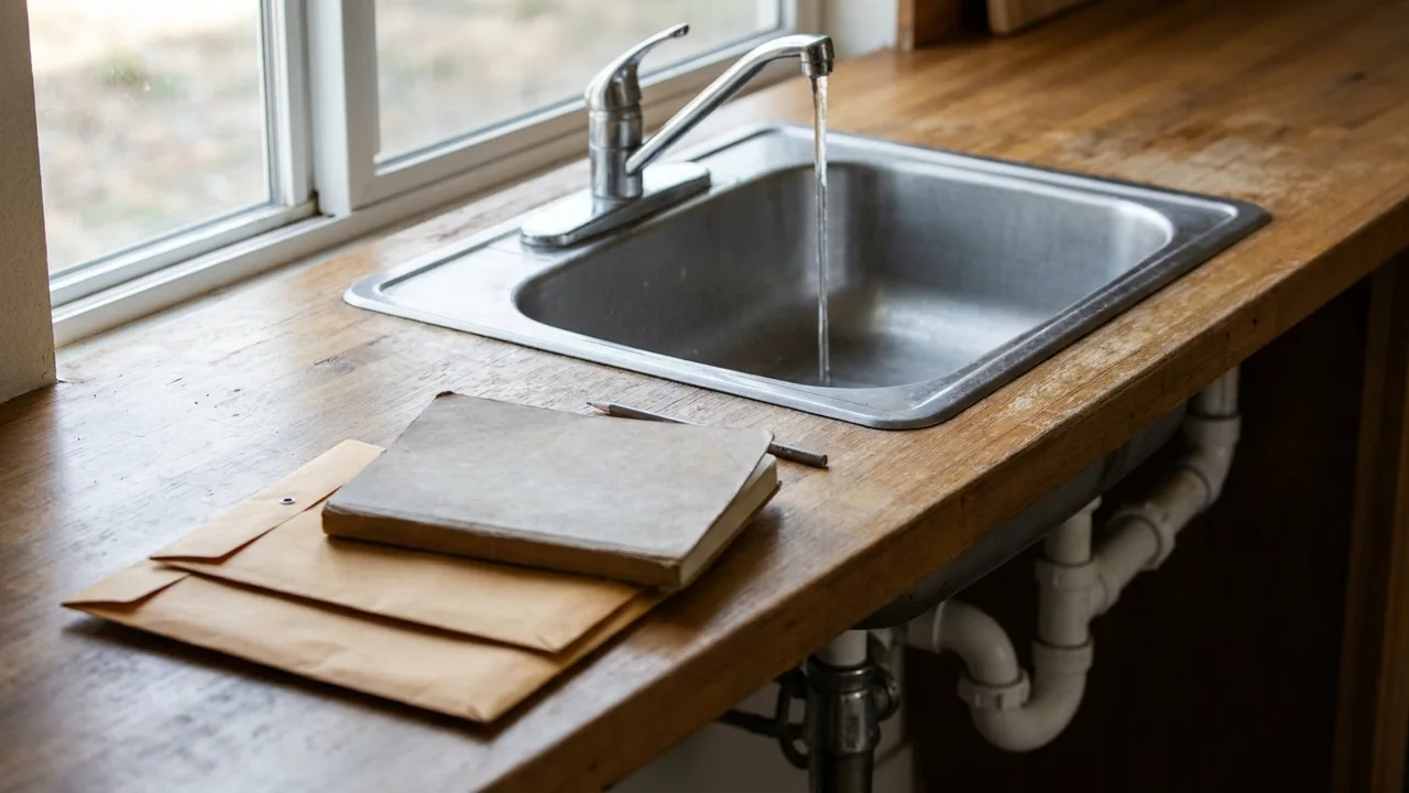 AI-generated illustration of a kitchen faucet running into a sink beside blank envelopes and a household notebook.