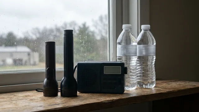 AI-generated illustration of two flashlights, a portable radio and water bottles for general storm preparedness.